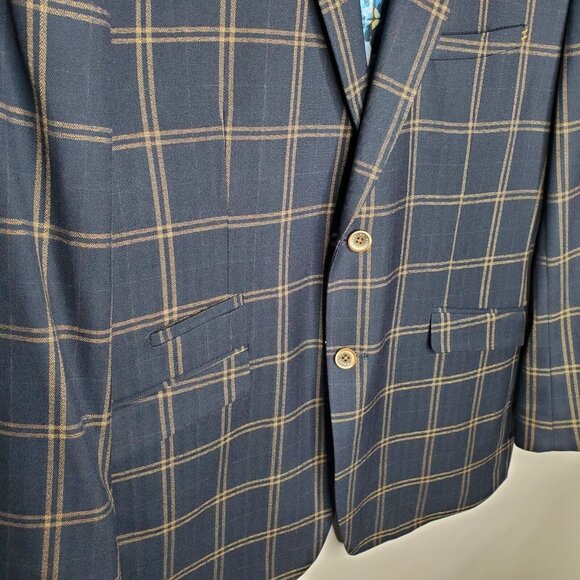 House Of Cavani Mens Blue Tan Plaid Sports Coat Size EU 56 2 Button Noch Neck - Picture 2 of 14